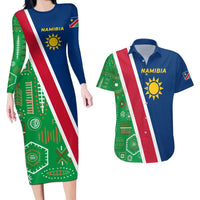Namibia Flag Couples Matching Long Sleeve Bodycon Dress and Hawaiian Shirt Detailed Design with Traditional Patterns