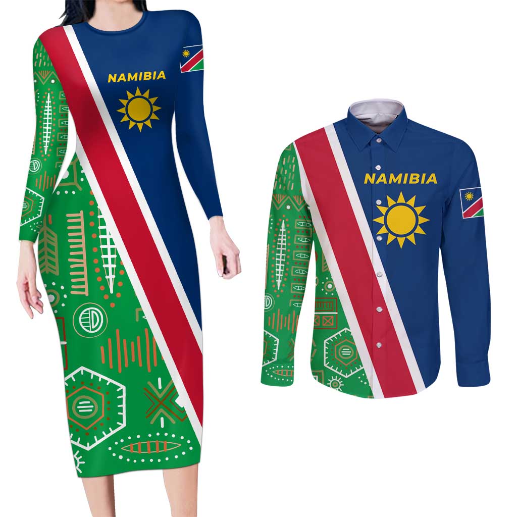 Namibia Flag Couples Matching Long Sleeve Bodycon Dress and Long Sleeve Button Shirt Detailed Design with Traditional Patterns