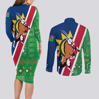 Namibia Flag Couples Matching Long Sleeve Bodycon Dress and Long Sleeve Button Shirt Detailed Design with Traditional Patterns