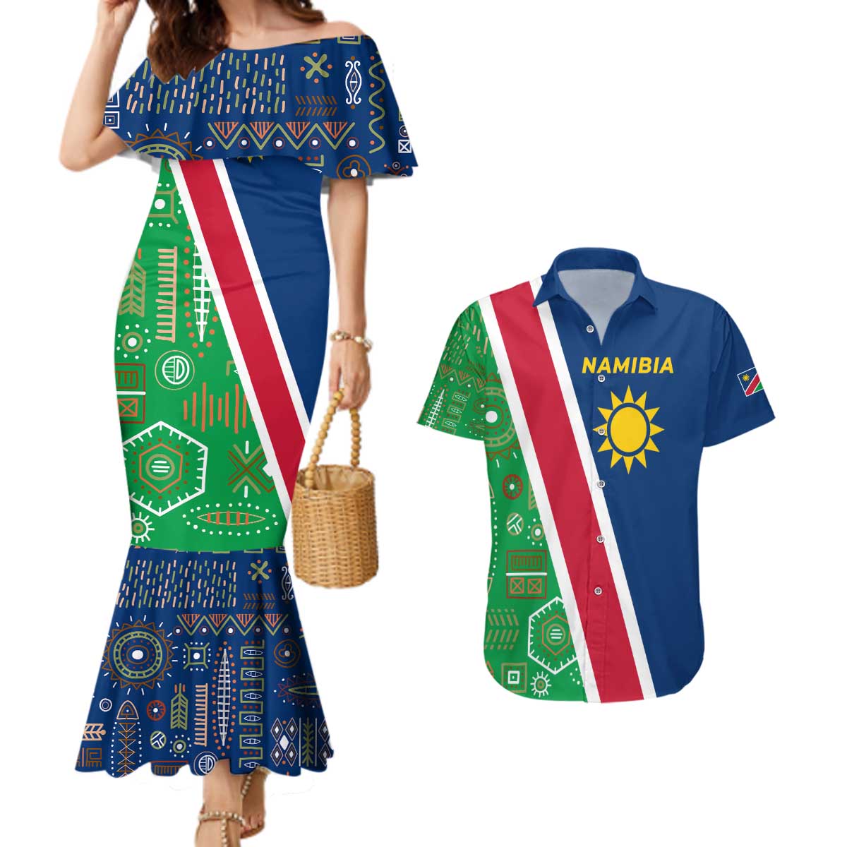 Namibia Flag Couples Matching Mermaid Dress and Hawaiian Shirt Detailed Design with Traditional Patterns