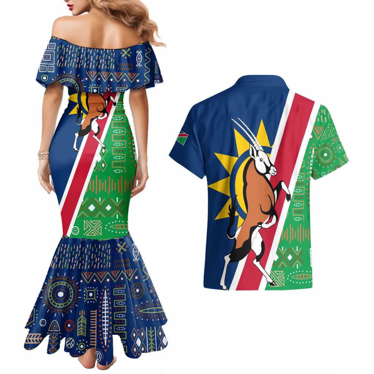 Namibia Flag Couples Matching Mermaid Dress and Hawaiian Shirt Detailed Design with Traditional Patterns