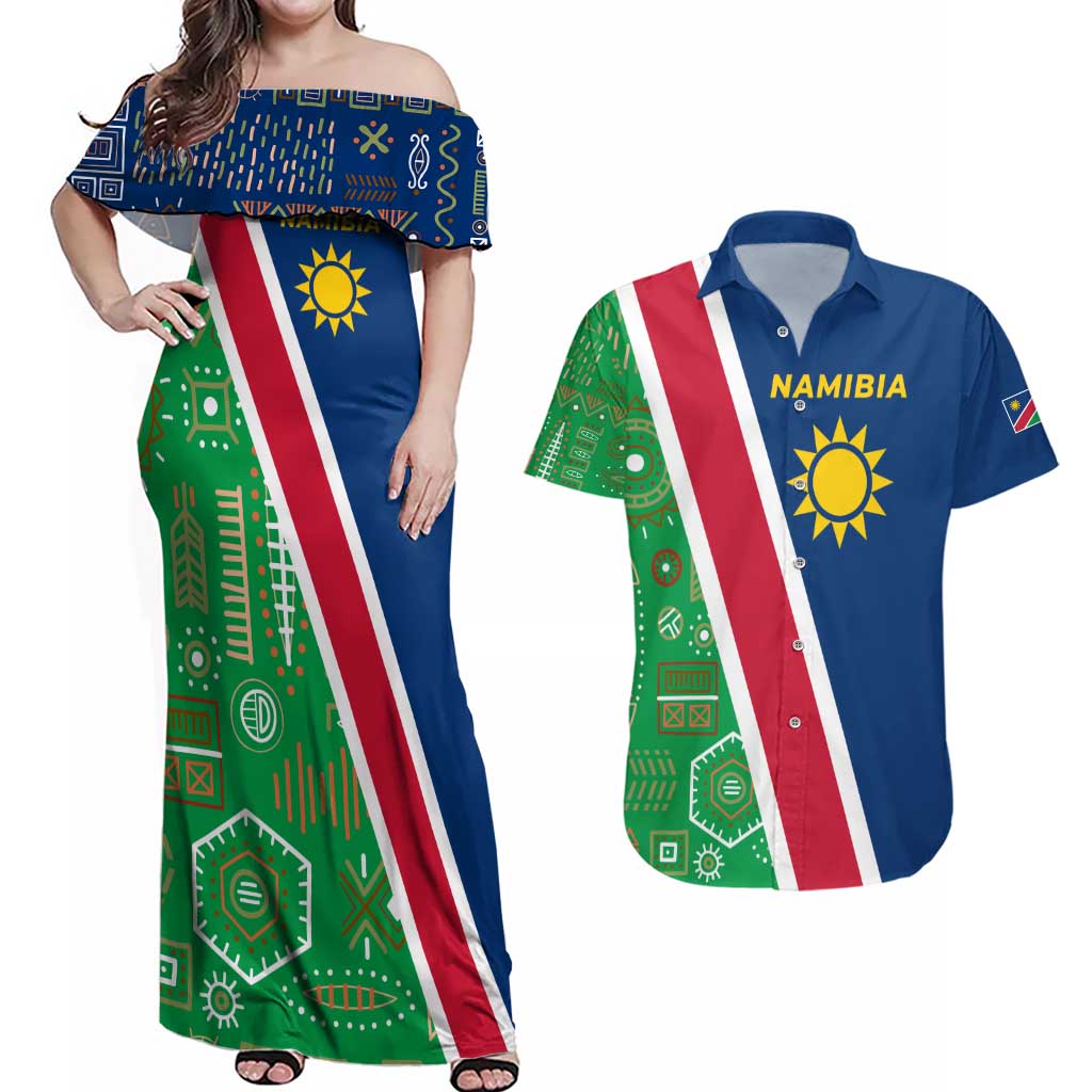 Namibia Flag Couples Matching Off Shoulder Maxi Dress and Hawaiian Shirt Detailed Design with Traditional Patterns