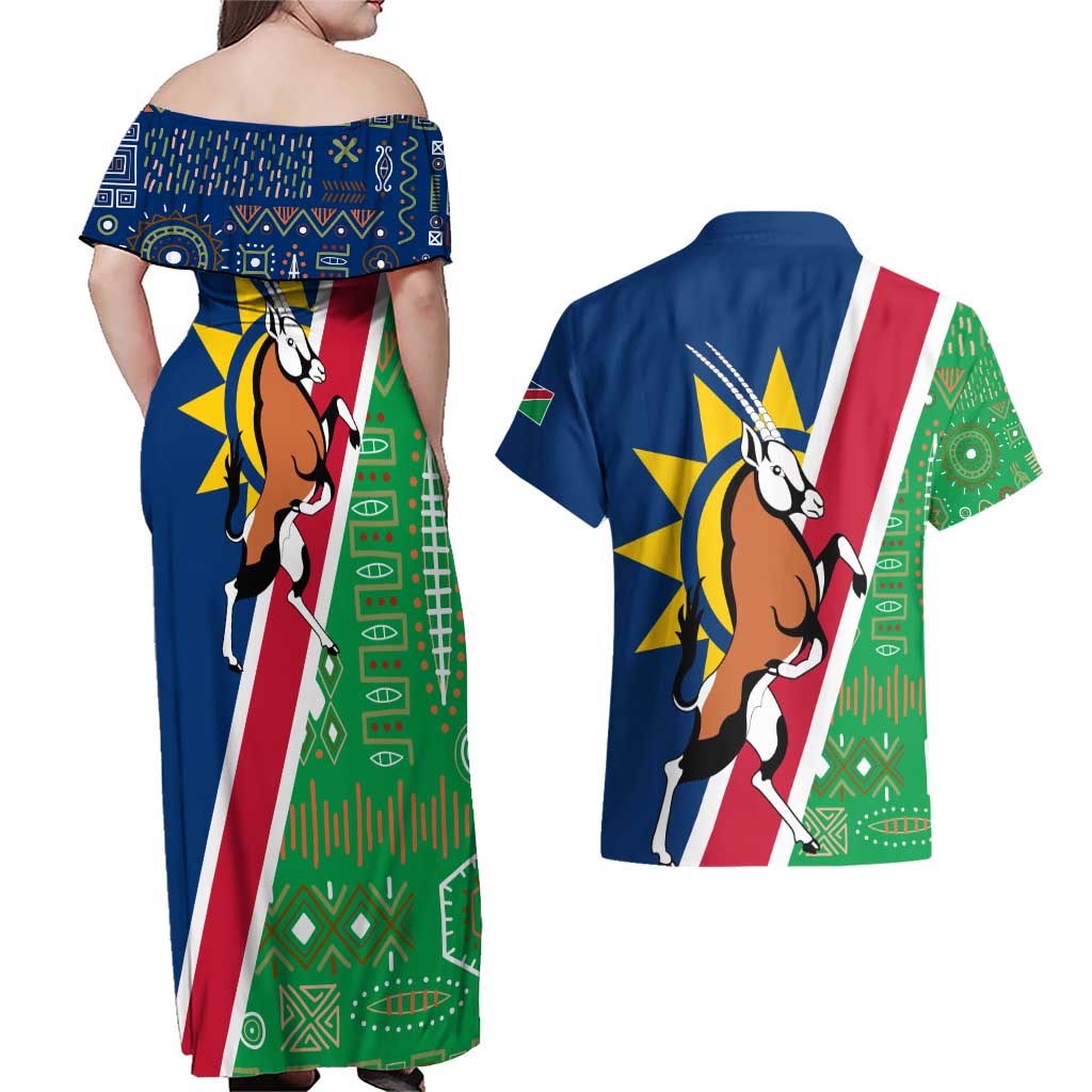 Namibia Flag Couples Matching Off Shoulder Maxi Dress and Hawaiian Shirt Detailed Design with Traditional Patterns