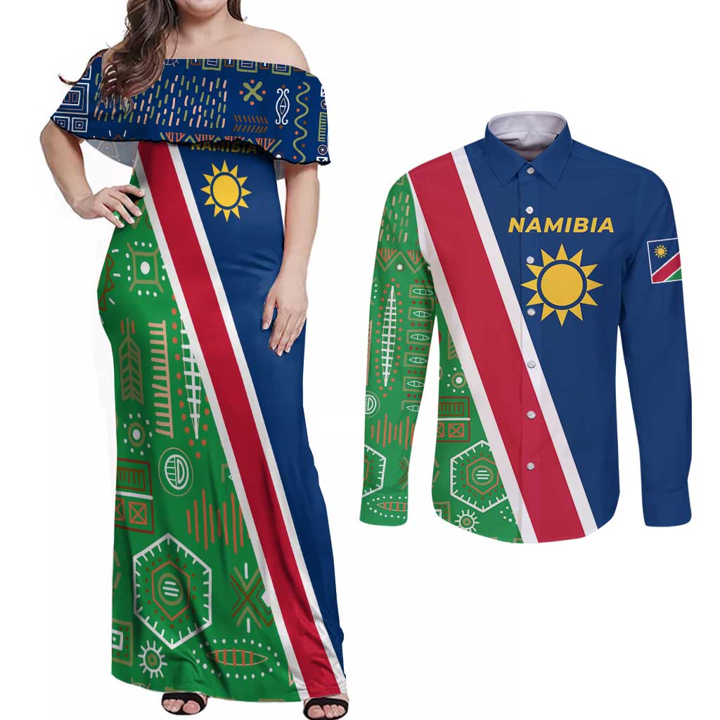 Namibia Flag Couples Matching Off Shoulder Maxi Dress and Long Sleeve Button Shirt Detailed Design with Traditional Patterns