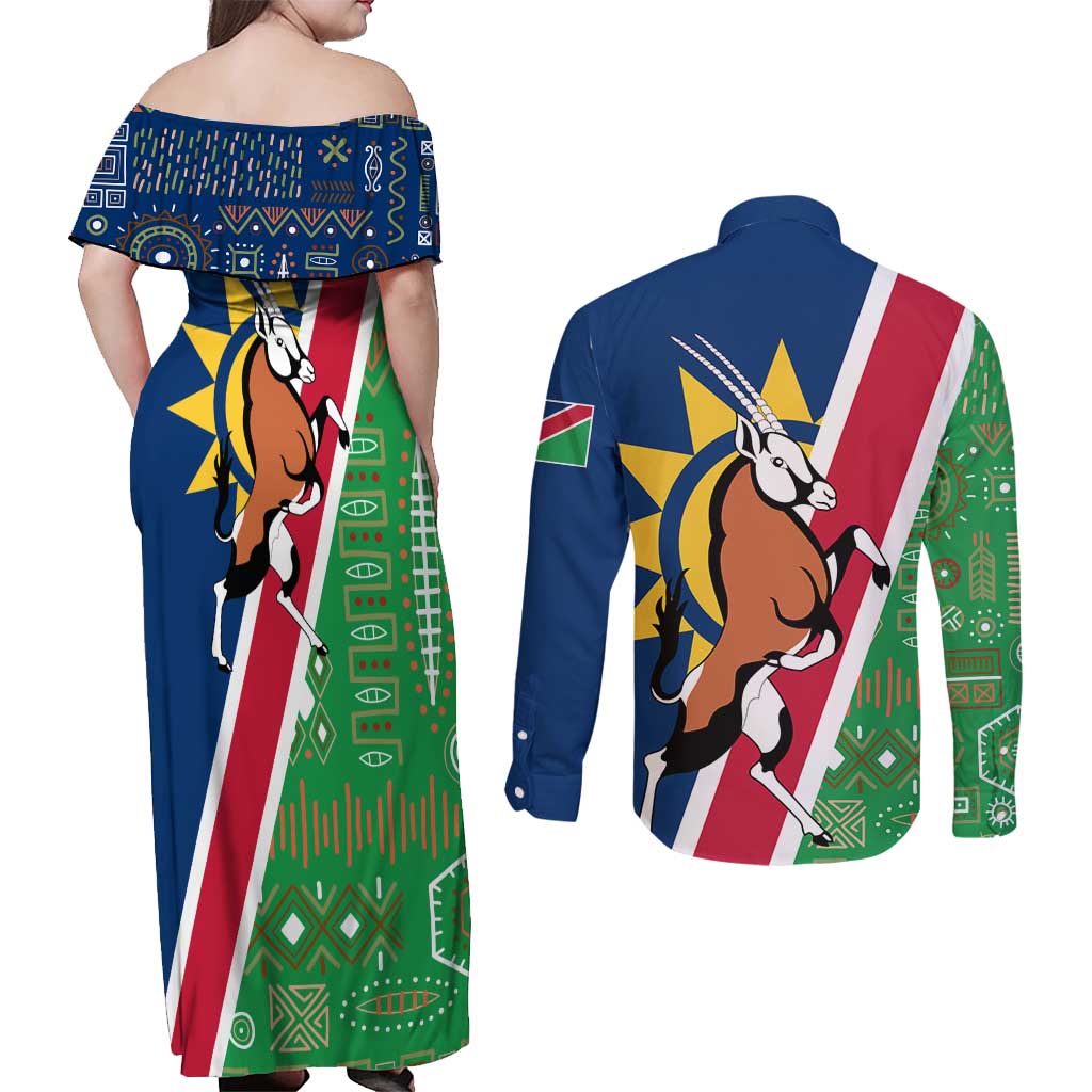 Namibia Flag Couples Matching Off Shoulder Maxi Dress and Long Sleeve Button Shirt Detailed Design with Traditional Patterns