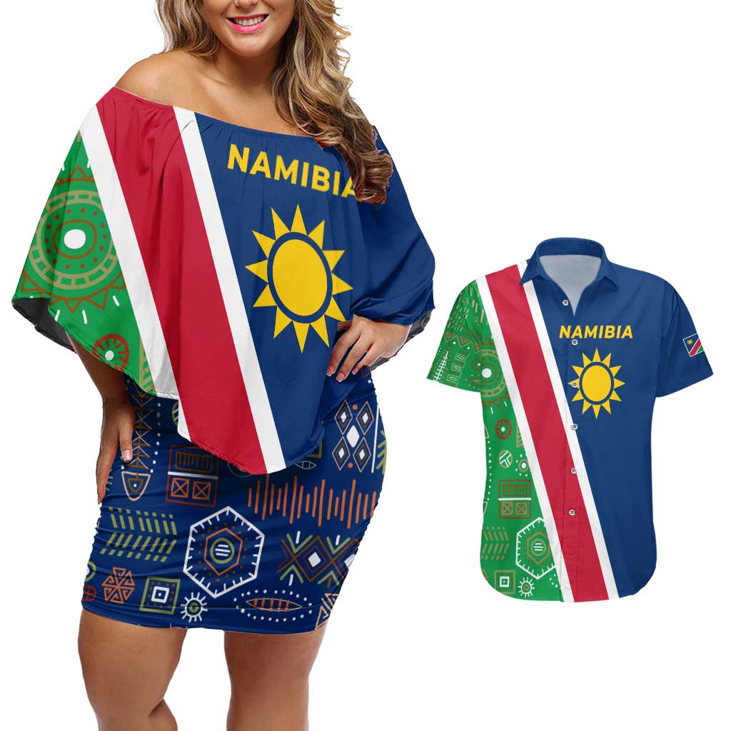 Namibia Flag Couples Matching Off Shoulder Short Dress and Hawaiian Shirt Detailed Design with Traditional Patterns