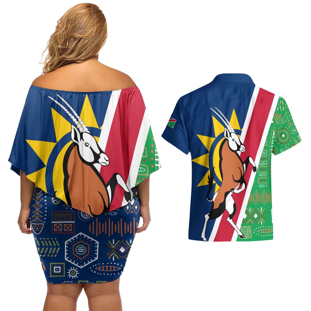 Namibia Flag Couples Matching Off Shoulder Short Dress and Hawaiian Shirt Detailed Design with Traditional Patterns
