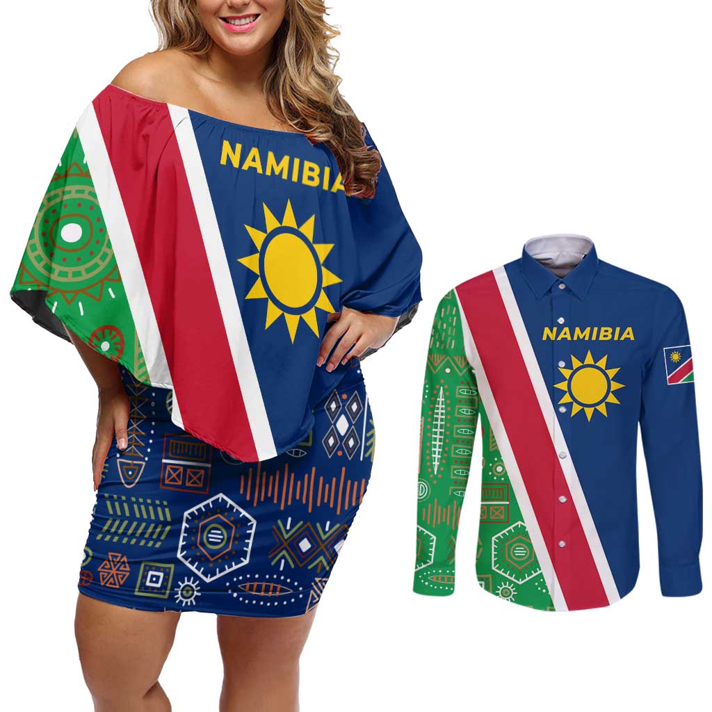 Namibia Flag Couples Matching Off Shoulder Short Dress and Long Sleeve Button Shirt Detailed Design with Traditional Patterns