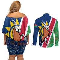Namibia Flag Couples Matching Off Shoulder Short Dress and Long Sleeve Button Shirt Detailed Design with Traditional Patterns