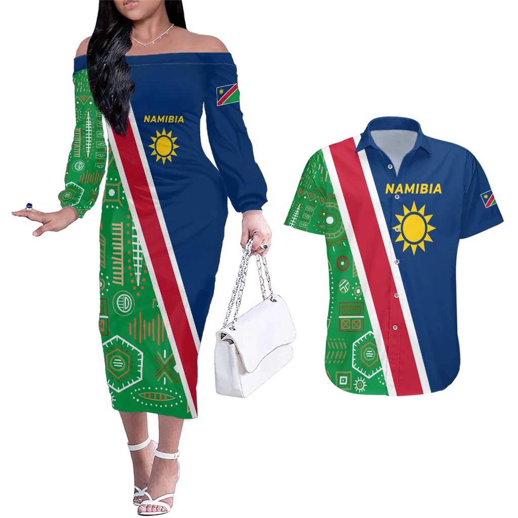 Namibia Flag Couples Matching Off The Shoulder Long Sleeve Dress and Hawaiian Shirt Detailed Design with Traditional Patterns