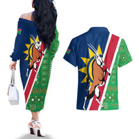 Namibia Flag Couples Matching Off The Shoulder Long Sleeve Dress and Hawaiian Shirt Detailed Design with Traditional Patterns