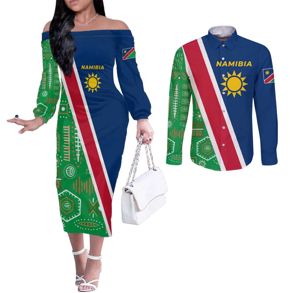 Namibia Flag Couples Matching Off The Shoulder Long Sleeve Dress and Long Sleeve Button Shirt Detailed Design with Traditional Patterns