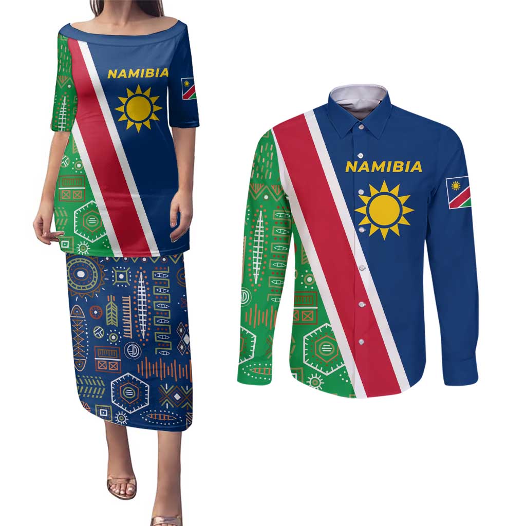 Namibia Flag Couples Matching Puletasi and Long Sleeve Button Shirt Detailed Design with Traditional Patterns