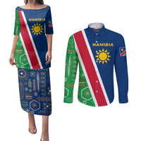 Namibia Flag Couples Matching Puletasi and Long Sleeve Button Shirt Detailed Design with Traditional Patterns