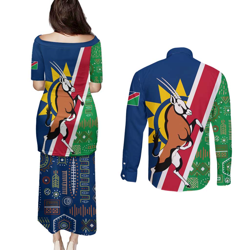 Namibia Flag Couples Matching Puletasi and Long Sleeve Button Shirt Detailed Design with Traditional Patterns