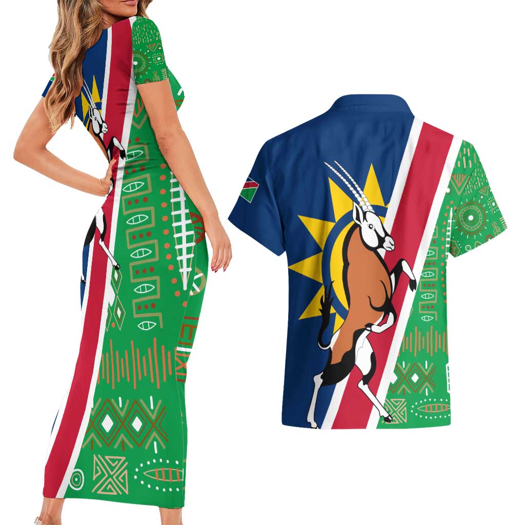 Namibia Flag Couples Matching Short Sleeve Bodycon Dress and Hawaiian Shirt Detailed Design with Traditional Patterns