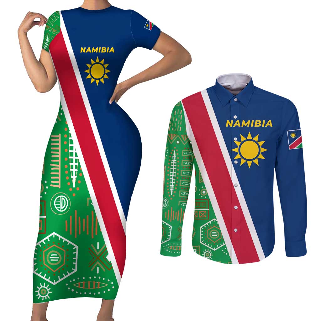 Namibia Flag Couples Matching Short Sleeve Bodycon Dress and Long Sleeve Button Shirt Detailed Design with Traditional Patterns