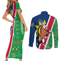 Namibia Flag Couples Matching Short Sleeve Bodycon Dress and Long Sleeve Button Shirt Detailed Design with Traditional Patterns