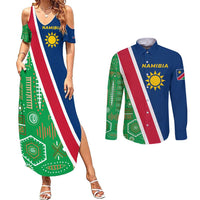 Namibia Flag Couples Matching Summer Maxi Dress and Long Sleeve Button Shirt Detailed Design with Traditional Patterns