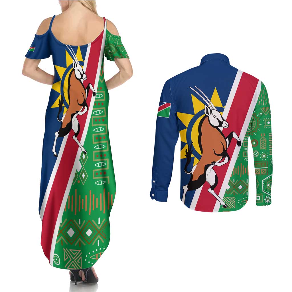 Namibia Flag Couples Matching Summer Maxi Dress and Long Sleeve Button Shirt Detailed Design with Traditional Patterns