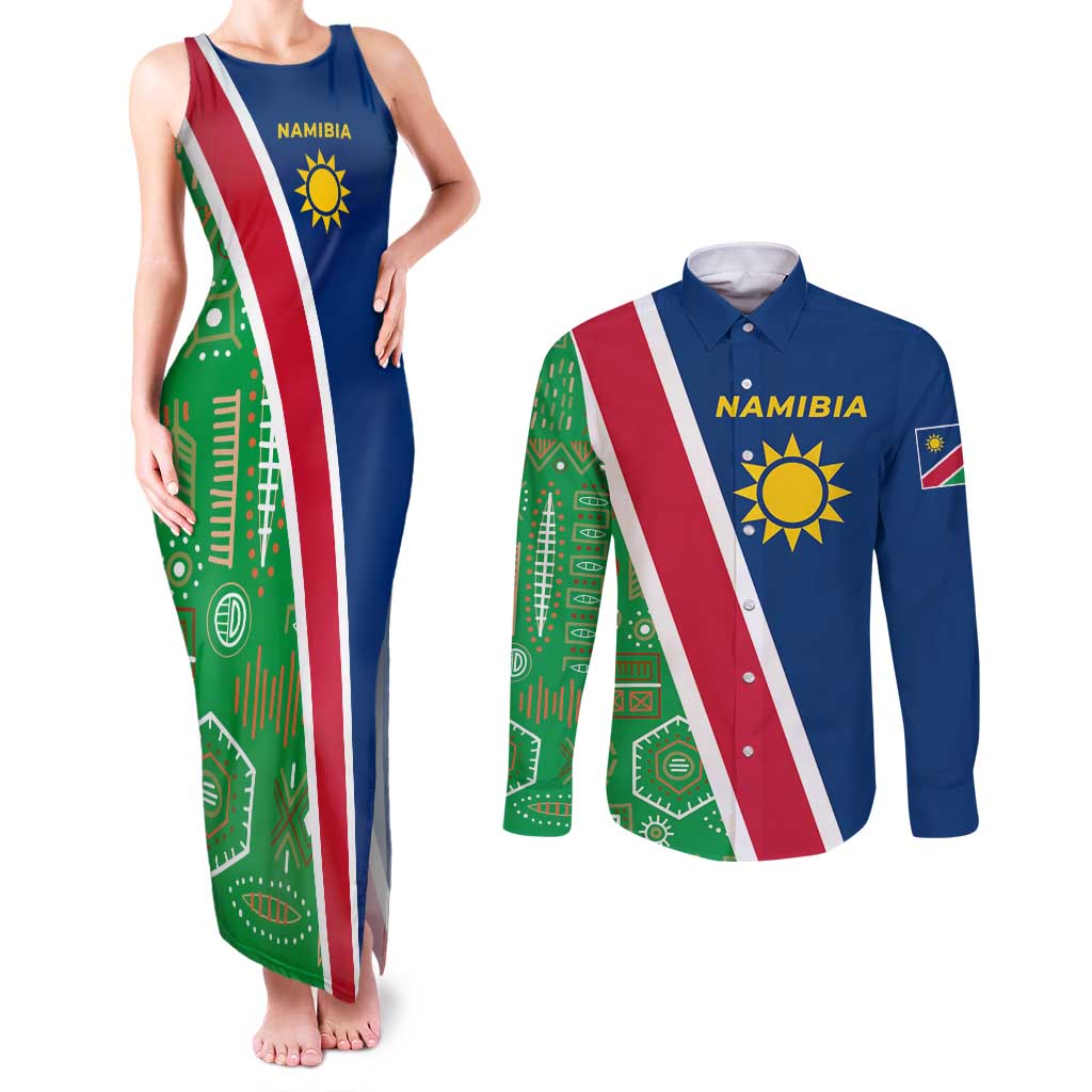 Namibia Flag Couples Matching Tank Maxi Dress and Long Sleeve Button Shirt Detailed Design with Traditional Patterns
