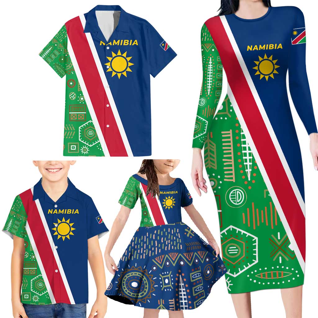 Namibia Flag Family Matching Long Sleeve Bodycon Dress and Hawaiian Shirt Detailed Design with Traditional Patterns