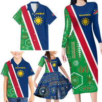 Namibia Flag Family Matching Long Sleeve Bodycon Dress and Hawaiian Shirt Detailed Design with Traditional Patterns