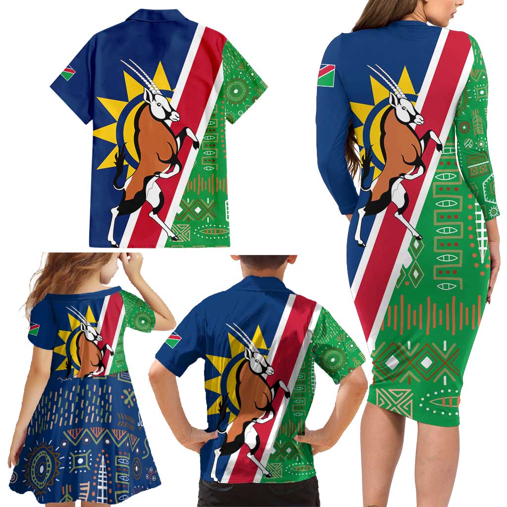 Namibia Flag Family Matching Long Sleeve Bodycon Dress and Hawaiian Shirt Detailed Design with Traditional Patterns