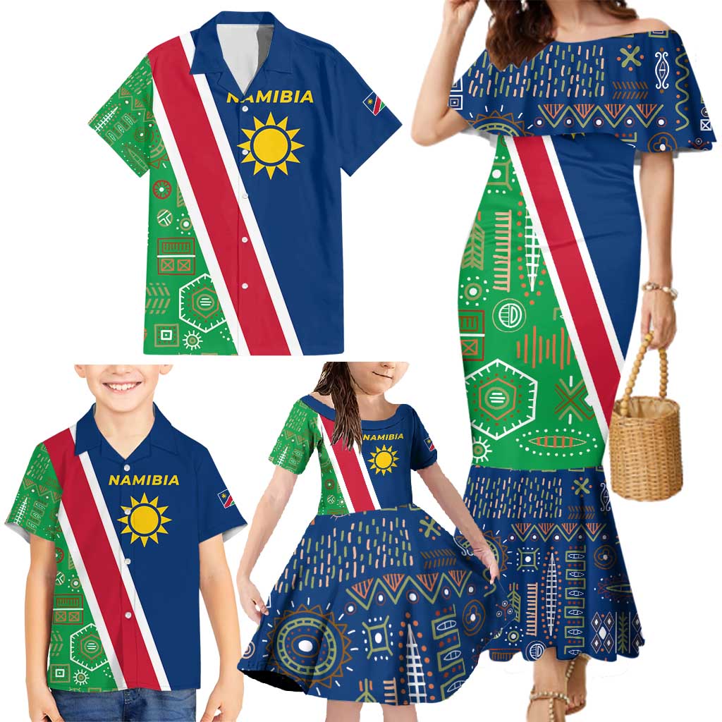 Namibia Flag Family Matching Mermaid Dress and Hawaiian Shirt Detailed Design with Traditional Patterns