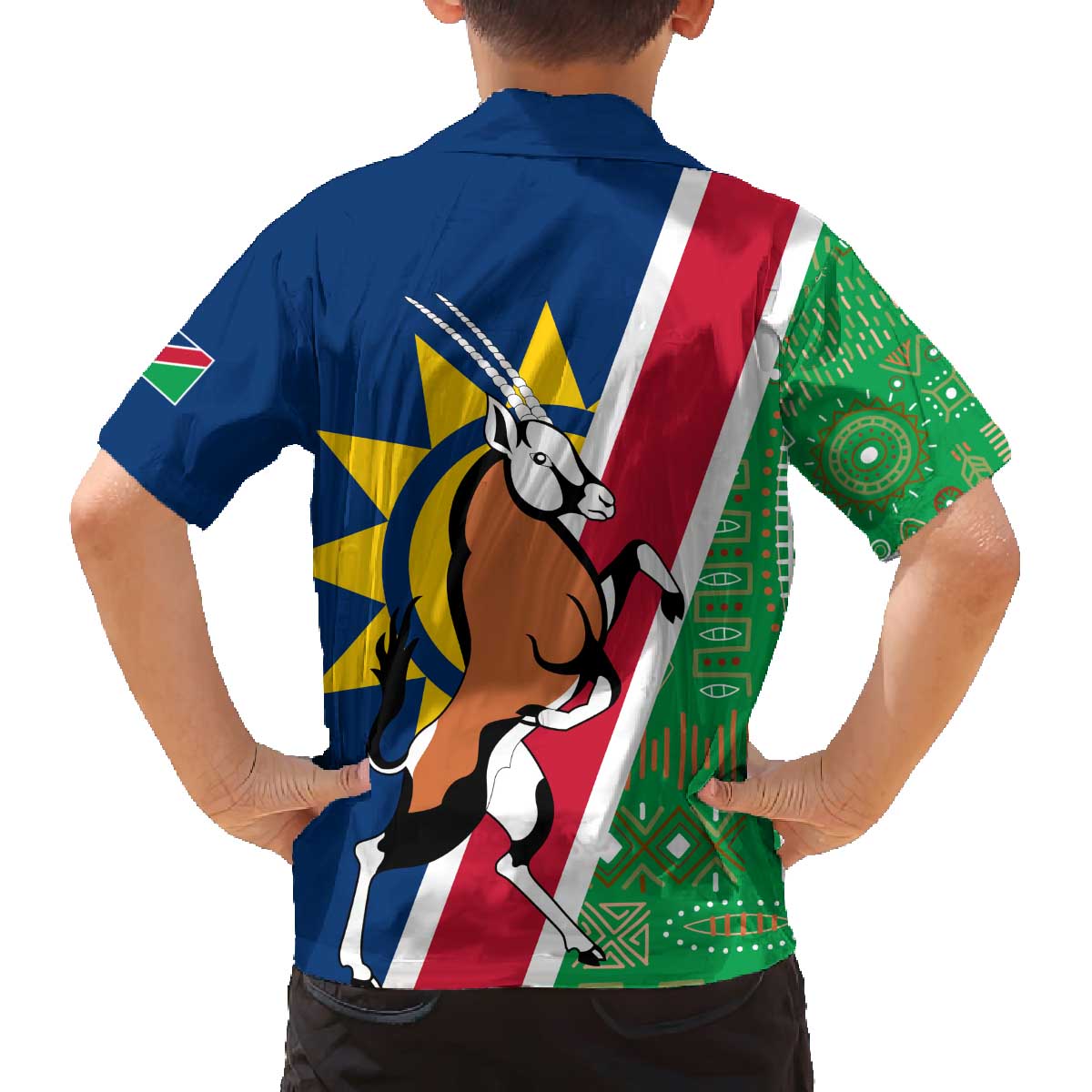 Namibia Flag Family Matching Off The Shoulder Long Sleeve Dress and Hawaiian Shirt Detailed Design with Traditional Patterns