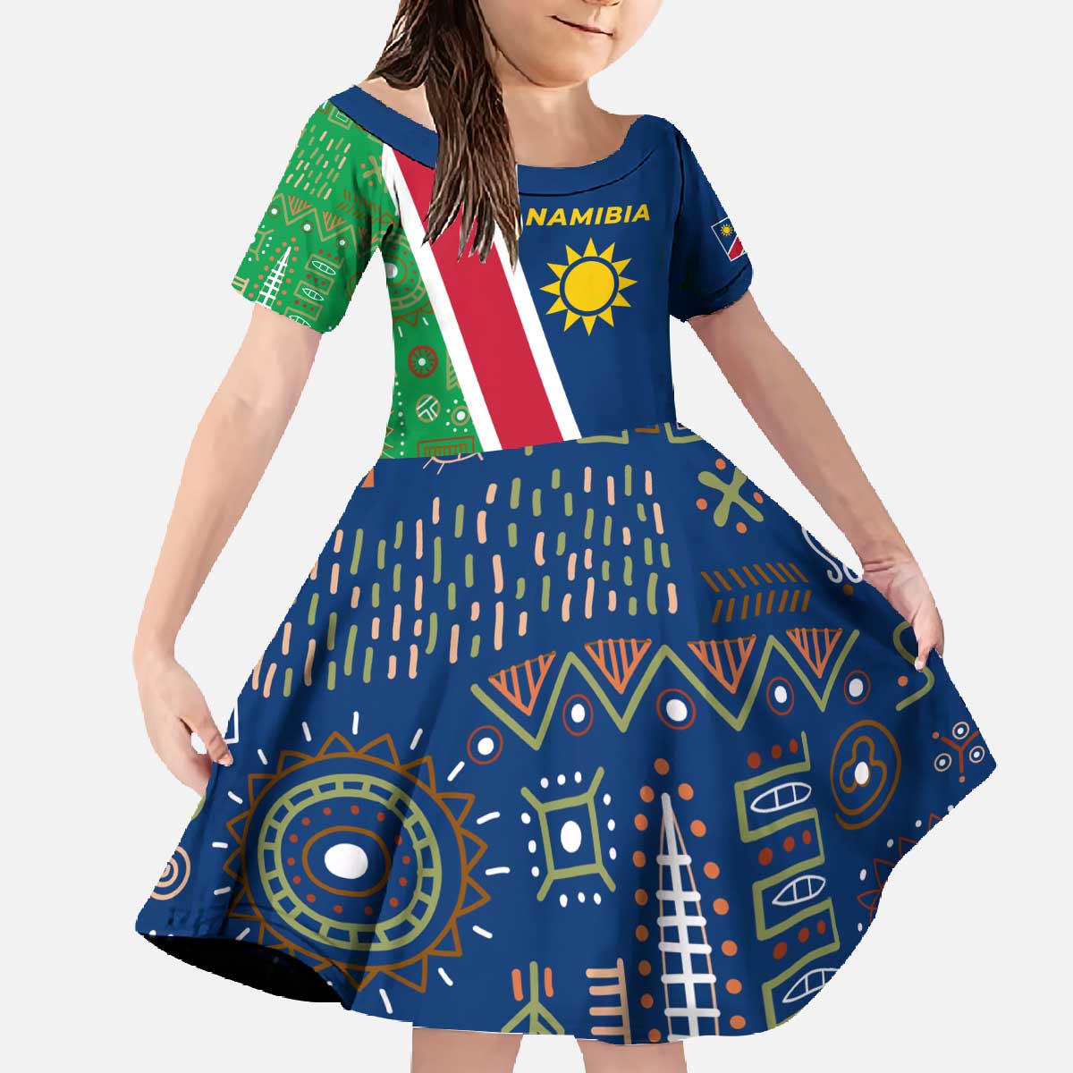 Namibia Flag Family Matching Off The Shoulder Long Sleeve Dress and Hawaiian Shirt Detailed Design with Traditional Patterns