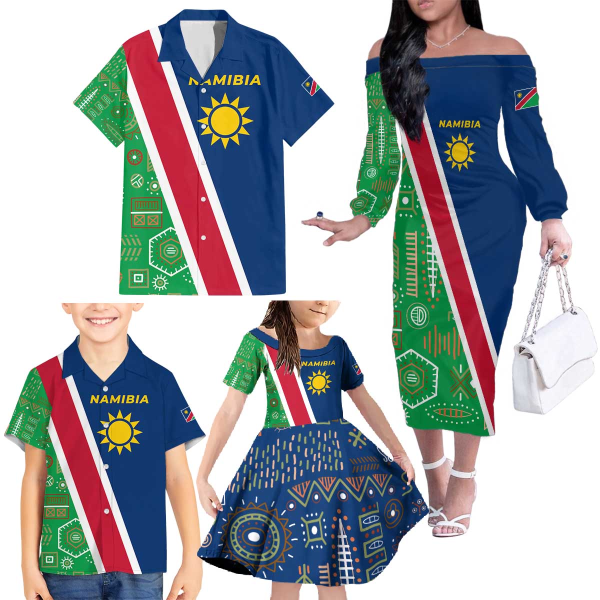 Namibia Flag Family Matching Off The Shoulder Long Sleeve Dress and Hawaiian Shirt Detailed Design with Traditional Patterns