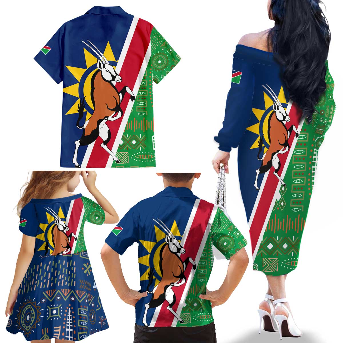 Namibia Flag Family Matching Off The Shoulder Long Sleeve Dress and Hawaiian Shirt Detailed Design with Traditional Patterns