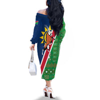 Namibia Flag Family Matching Off The Shoulder Long Sleeve Dress and Hawaiian Shirt Detailed Design with Traditional Patterns