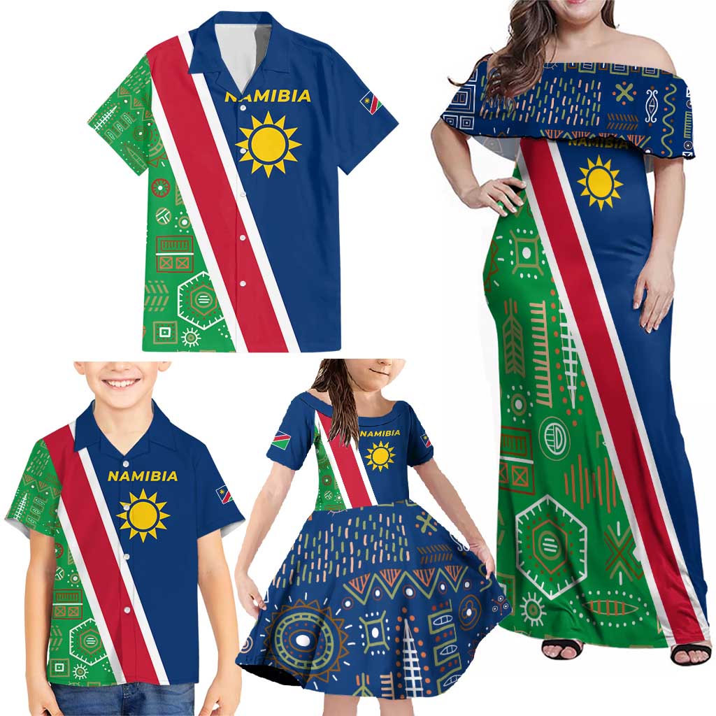 Namibia Flag Family Matching Off Shoulder Maxi Dress and Hawaiian Shirt Detailed Design with Traditional Patterns
