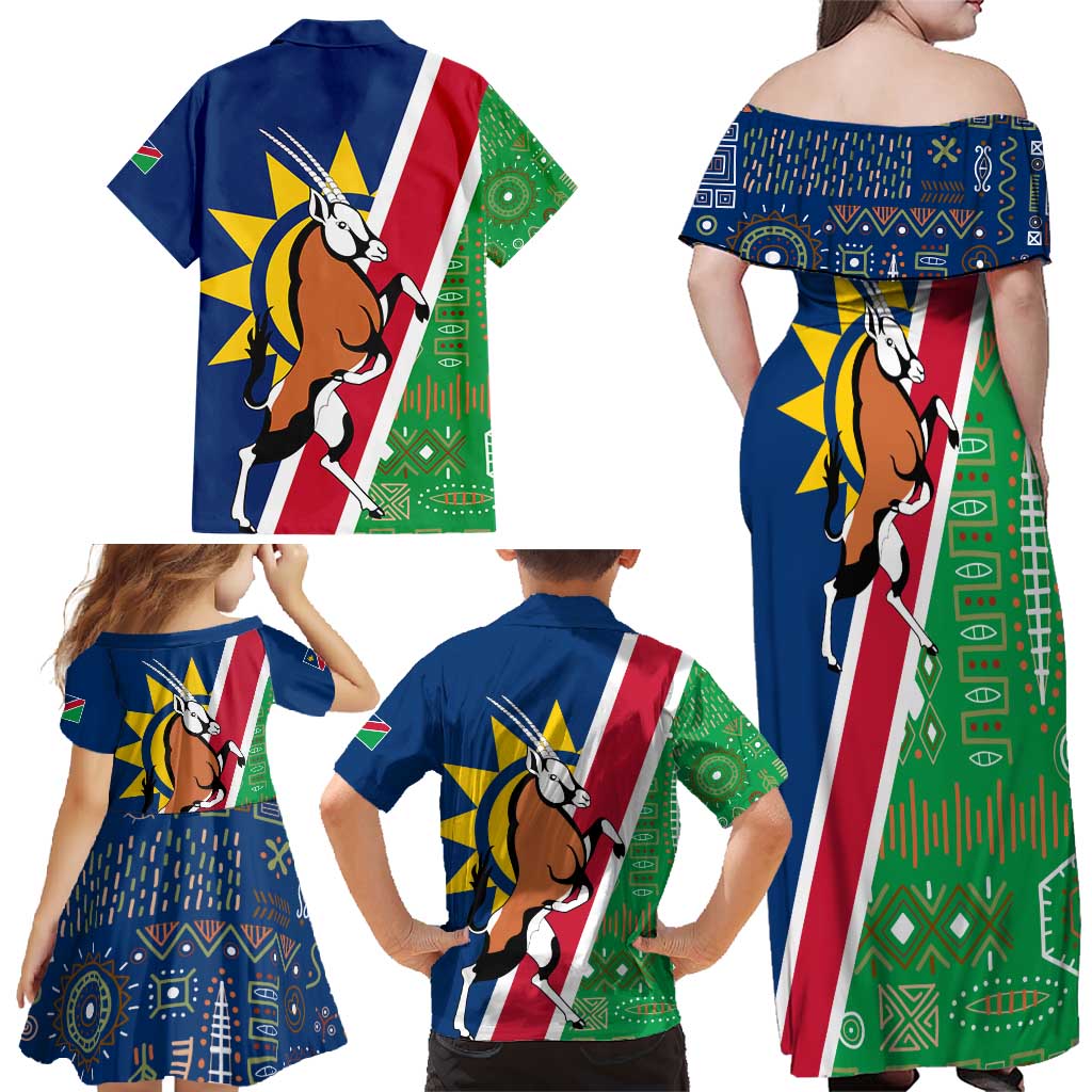 Namibia Flag Family Matching Off Shoulder Maxi Dress and Hawaiian Shirt Detailed Design with Traditional Patterns