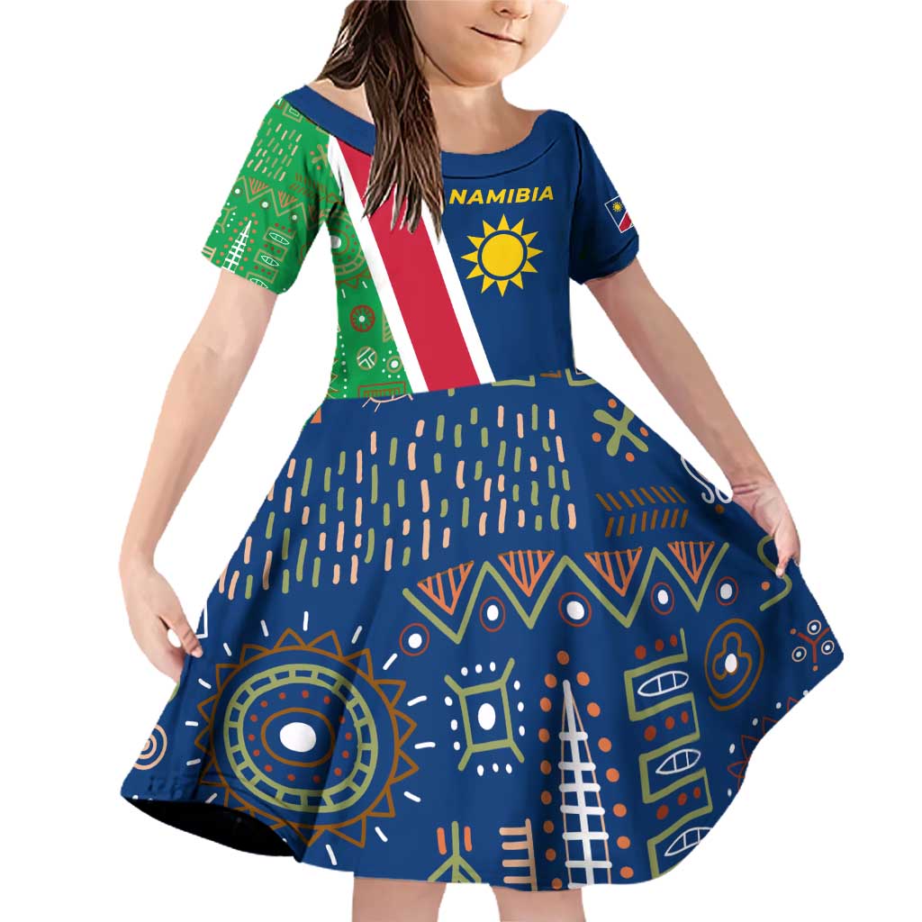 Namibia Flag Family Matching Off Shoulder Short Dress and Hawaiian Shirt Detailed Design with Traditional Patterns