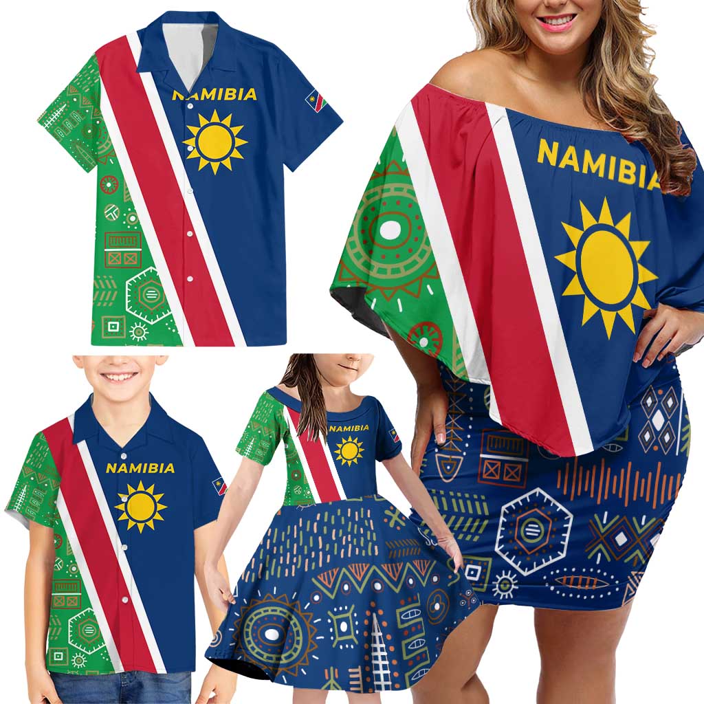 Namibia Flag Family Matching Off Shoulder Short Dress and Hawaiian Shirt Detailed Design with Traditional Patterns