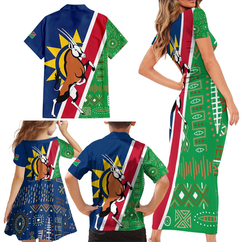Namibia Flag Family Matching Short Sleeve Bodycon Dress and Hawaiian Shirt Detailed Design with Traditional Patterns
