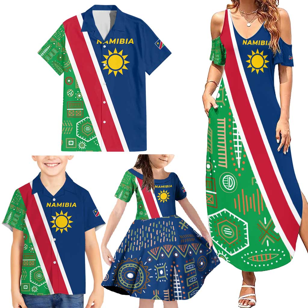 Namibia Flag Family Matching Summer Maxi Dress and Hawaiian Shirt Detailed Design with Traditional Patterns