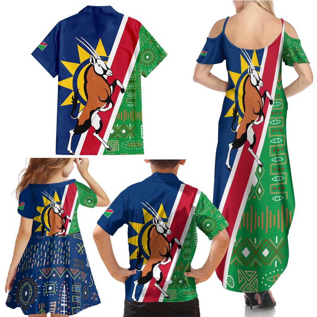 Namibia Flag Family Matching Summer Maxi Dress and Hawaiian Shirt Detailed Design with Traditional Patterns