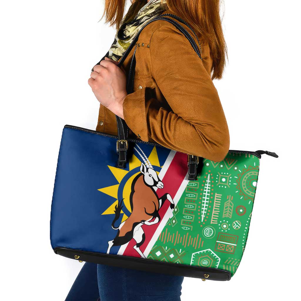 Namibia Flag Leather Tote Bag Detailed Design with Traditional Patterns