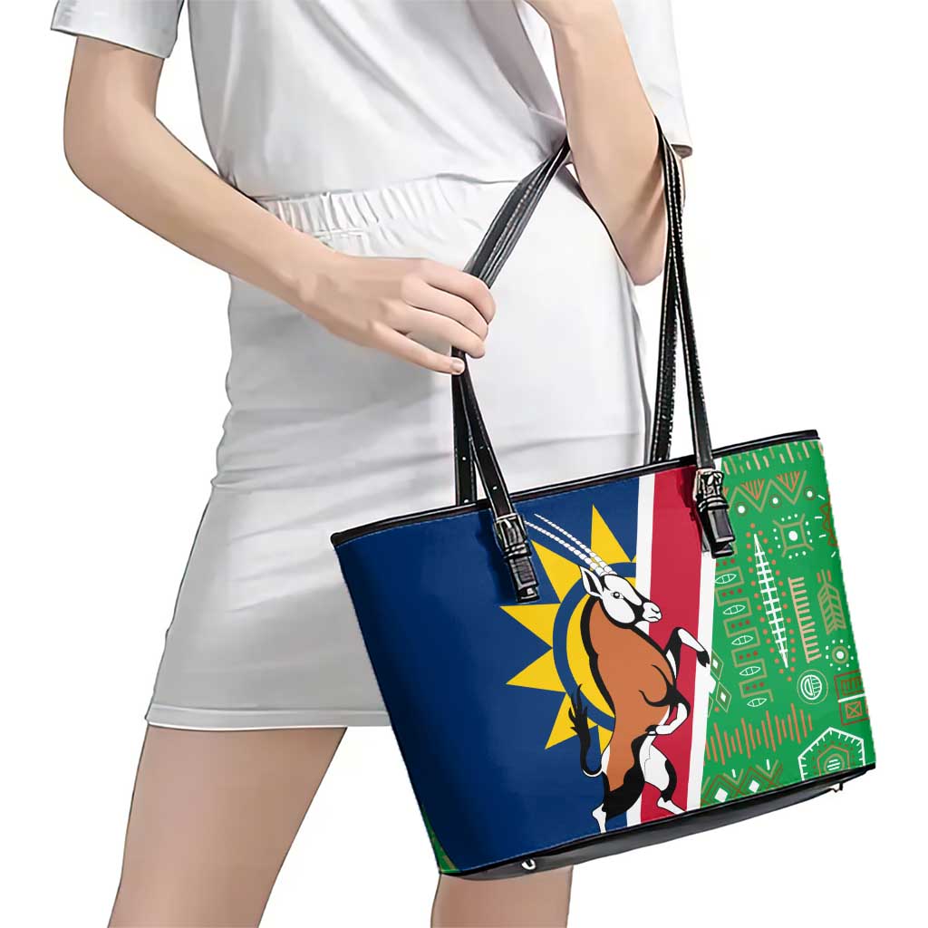 Namibia Flag Leather Tote Bag Detailed Design with Traditional Patterns