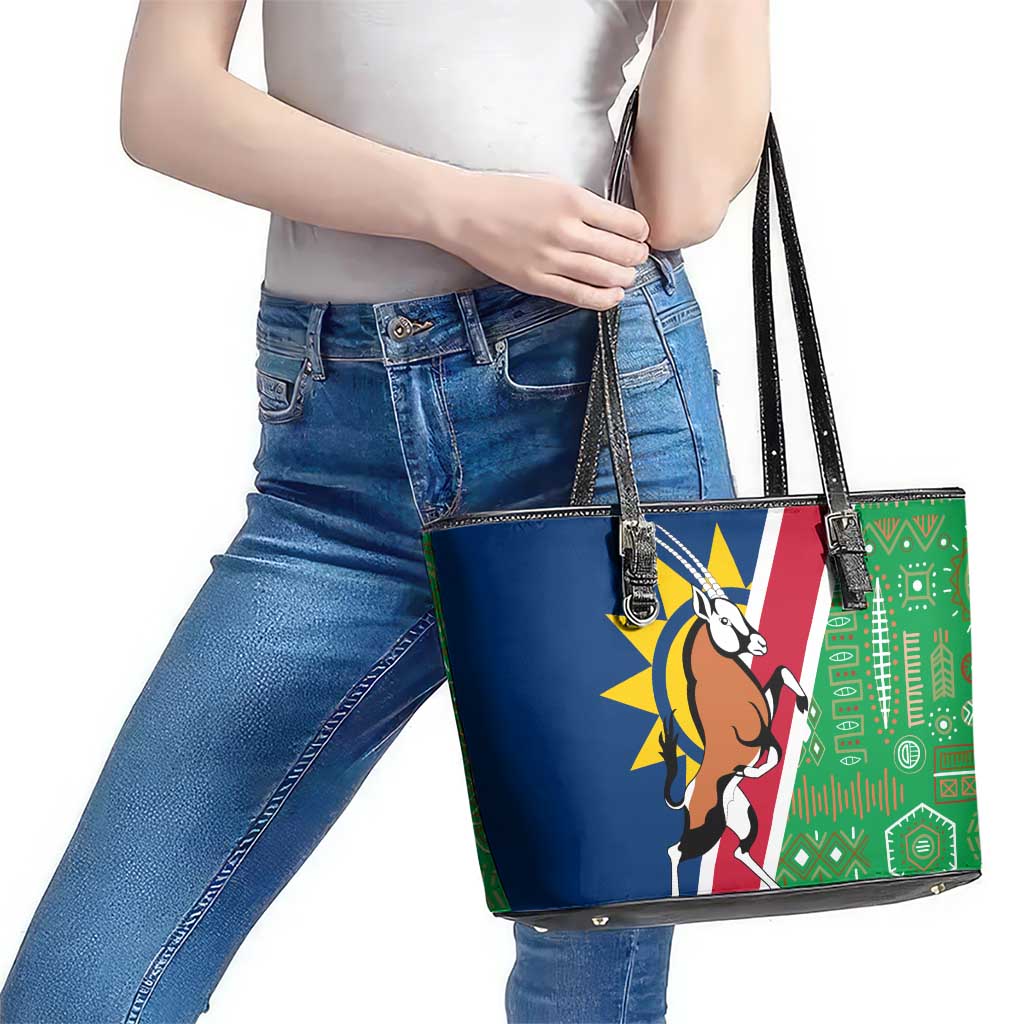 Namibia Flag Leather Tote Bag Detailed Design with Traditional Patterns