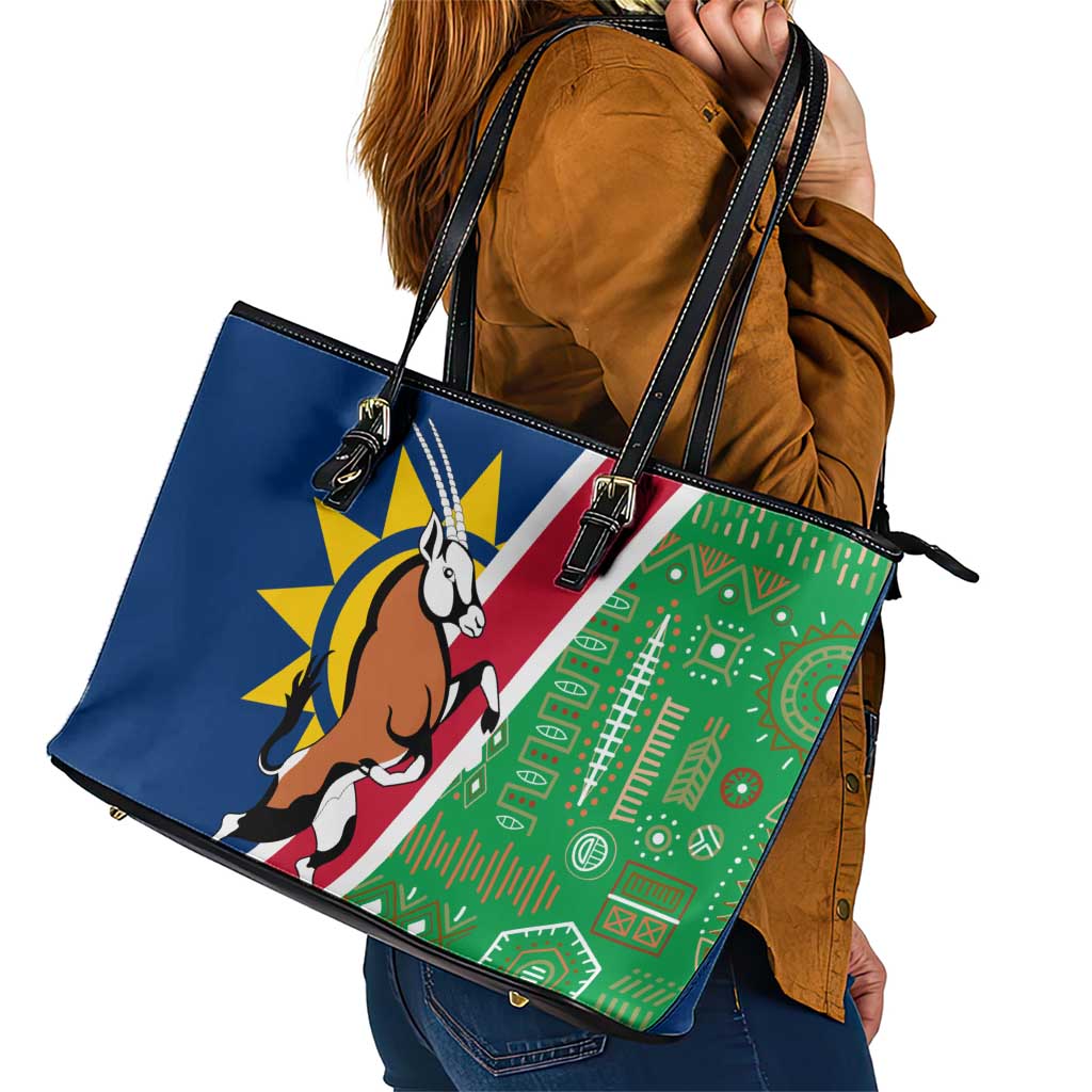 Namibia Flag Leather Tote Bag Detailed Design with Traditional Patterns