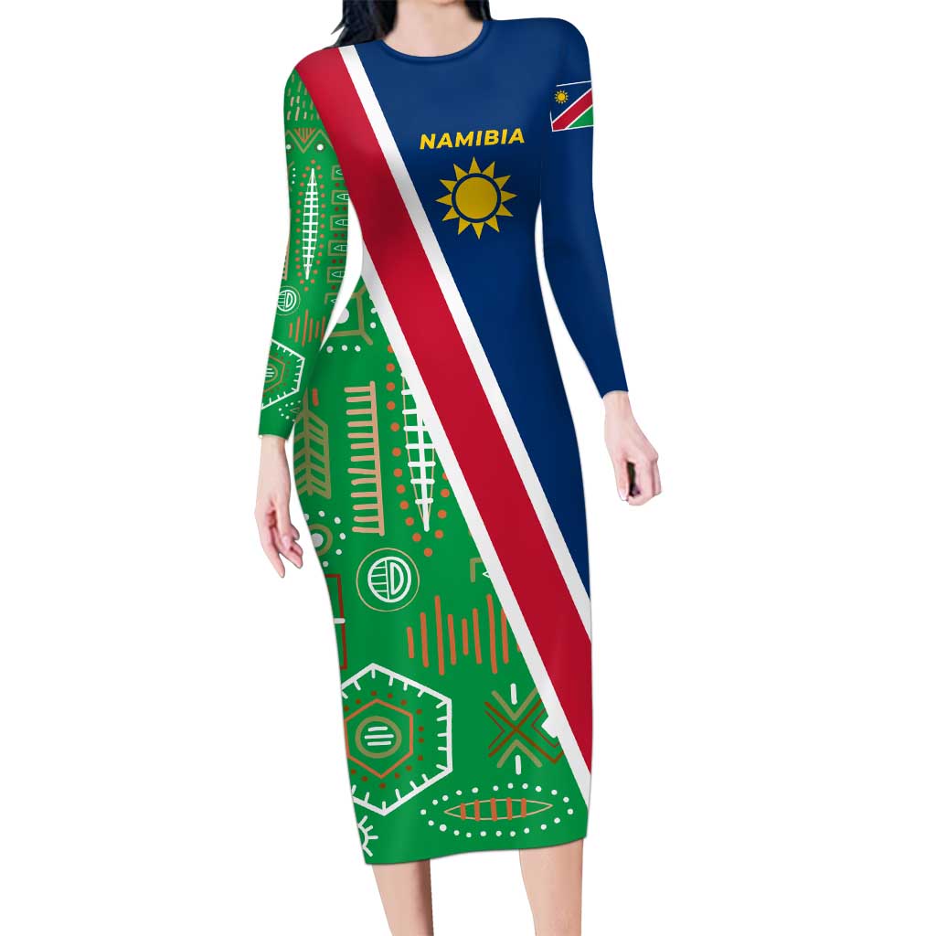 Namibia Flag Long Sleeve Bodycon Dress Detailed Design with Traditional Patterns