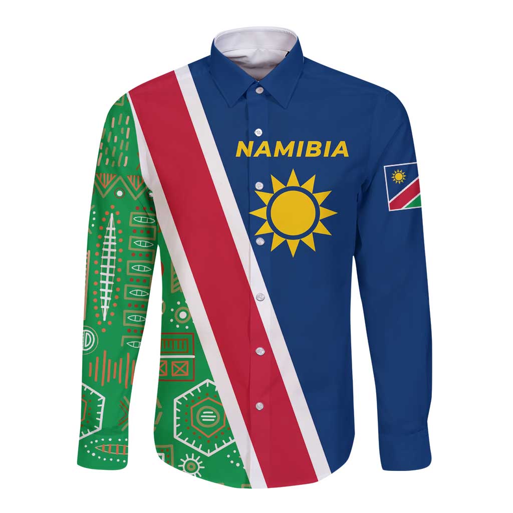 Namibia Flag Long Sleeve Button Shirt Detailed Design with Traditional Patterns