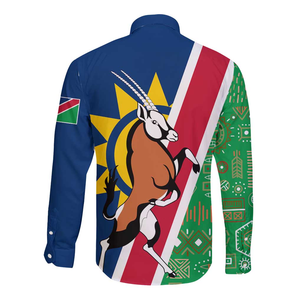 Namibia Flag Long Sleeve Button Shirt Detailed Design with Traditional Patterns