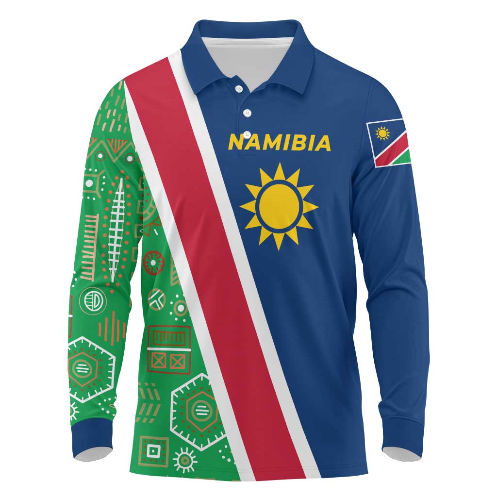 Namibia Flag Long Sleeve Polo Shirt Detailed Design with Traditional Patterns