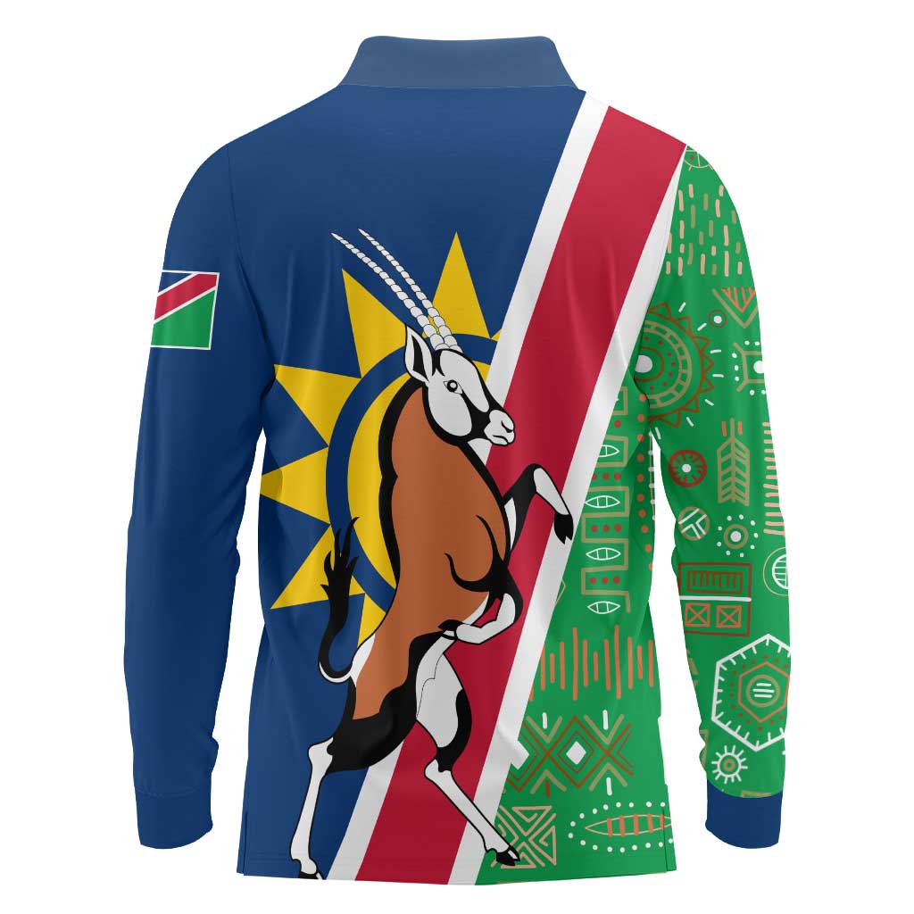 Namibia Flag Long Sleeve Polo Shirt Detailed Design with Traditional Patterns